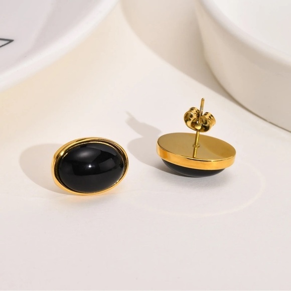 18K Gold Plated Black Agate Stud Earrings - Picture 5 of 9